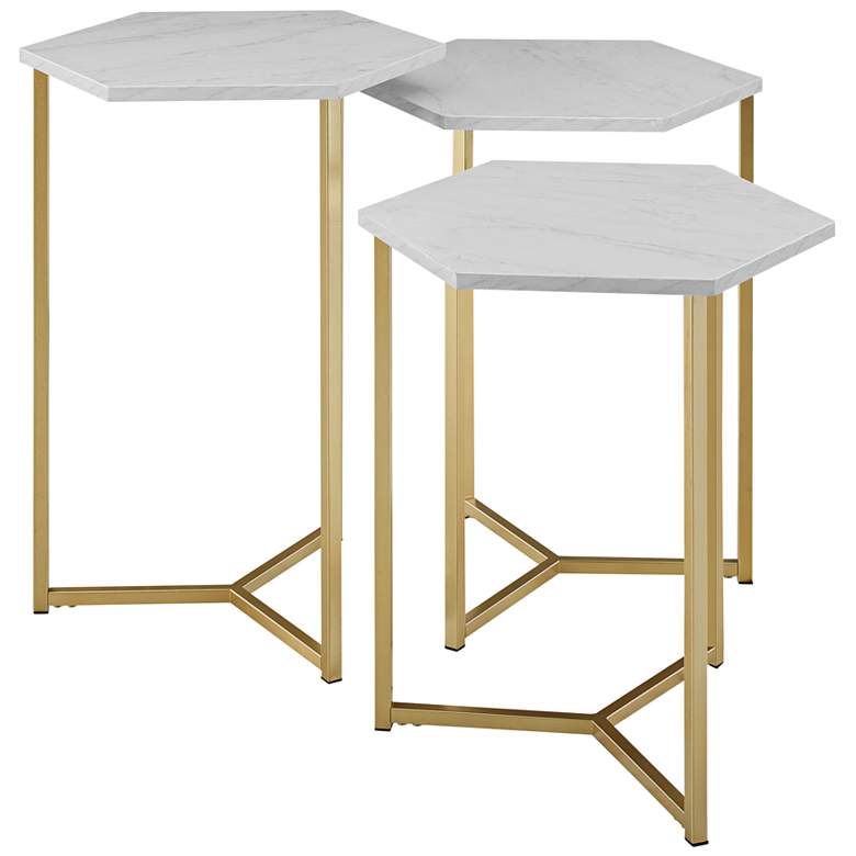 Image 2 Hex Faux White Marble Top and Gold Tables Set of 3