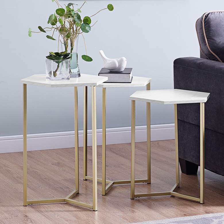 Image 1 Hex Faux White Marble Top and Gold Tables Set of 3