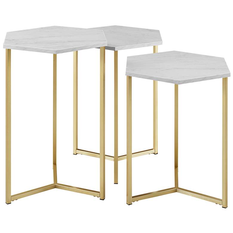 Image 3 Hex Faux White Marble Top and Gold Tables Set of 3 more views