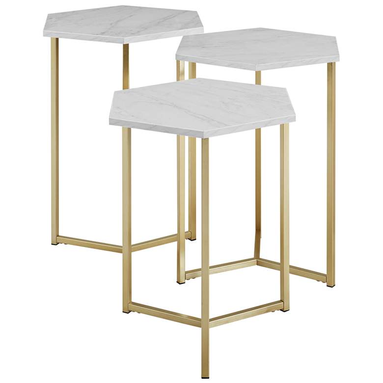 Image 4 Hex Faux White Marble Top and Gold Tables Set of 3 more views