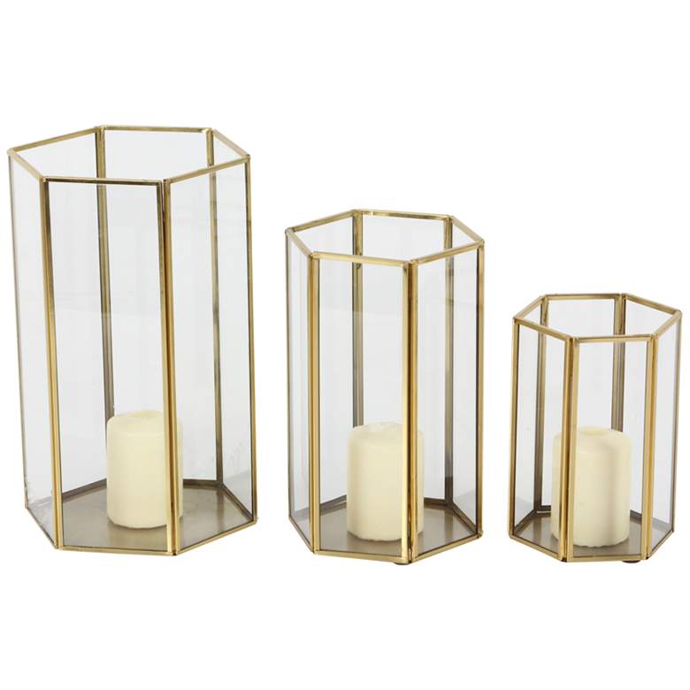 Image 1 Hexagon Gold Metal and Glass Pillar Candle Holders Set of 3