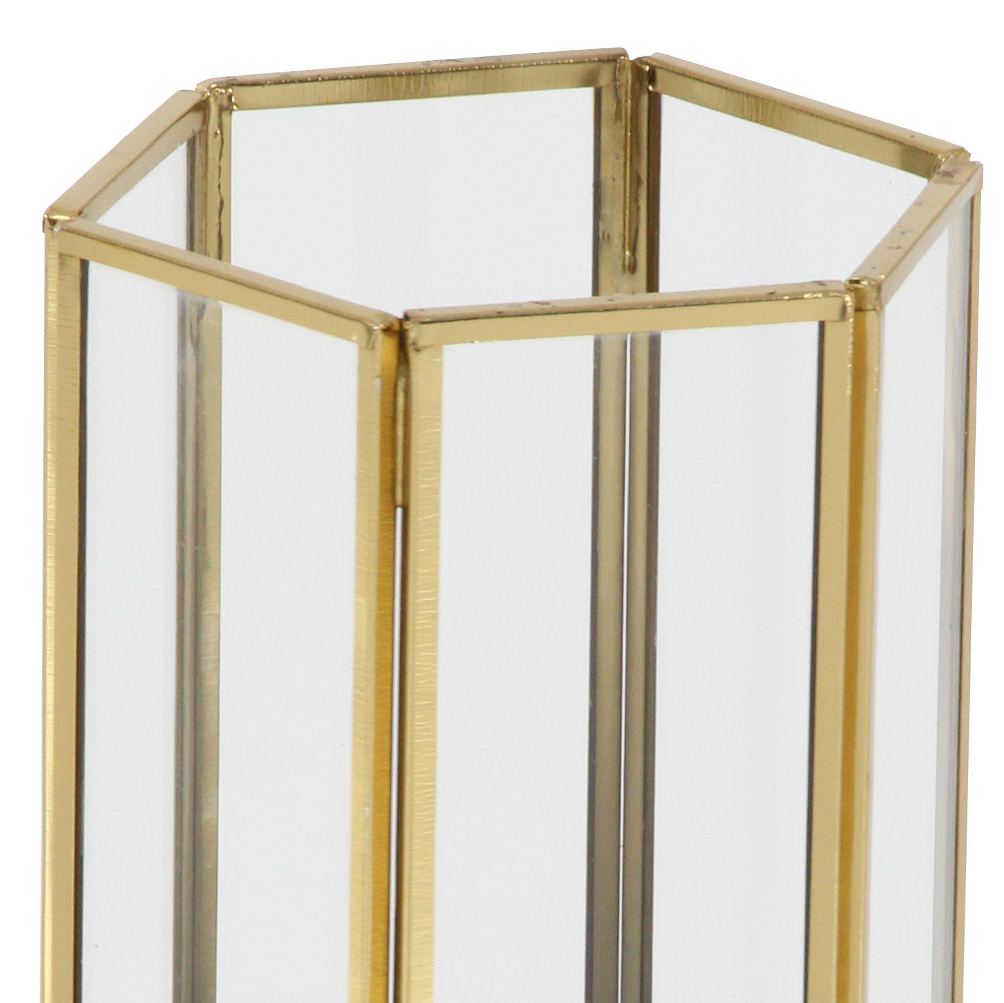 Image 2 Hexagon Gold Metal and Glass Pillar Candle Holders Set of 3 more views