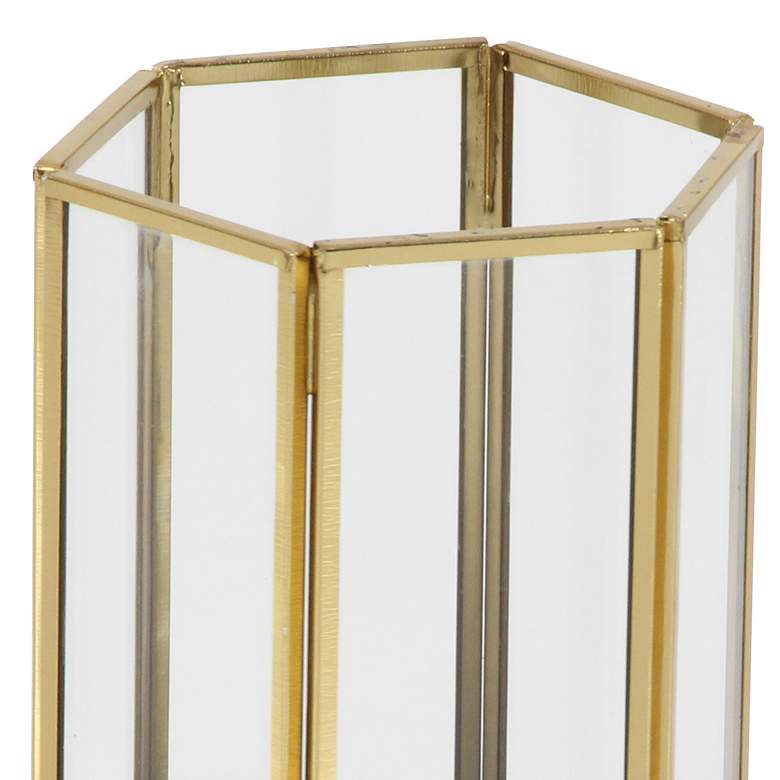 Image 2 Hexagon Gold Metal and Glass Pillar Candle Holders Set of 3 more views