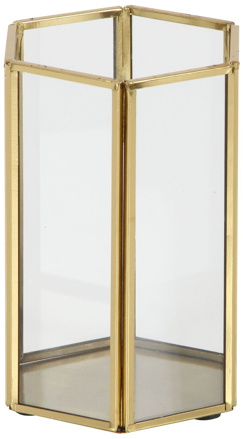 Image 3 Hexagon Gold Metal and Glass Pillar Candle Holders Set of 3 more views