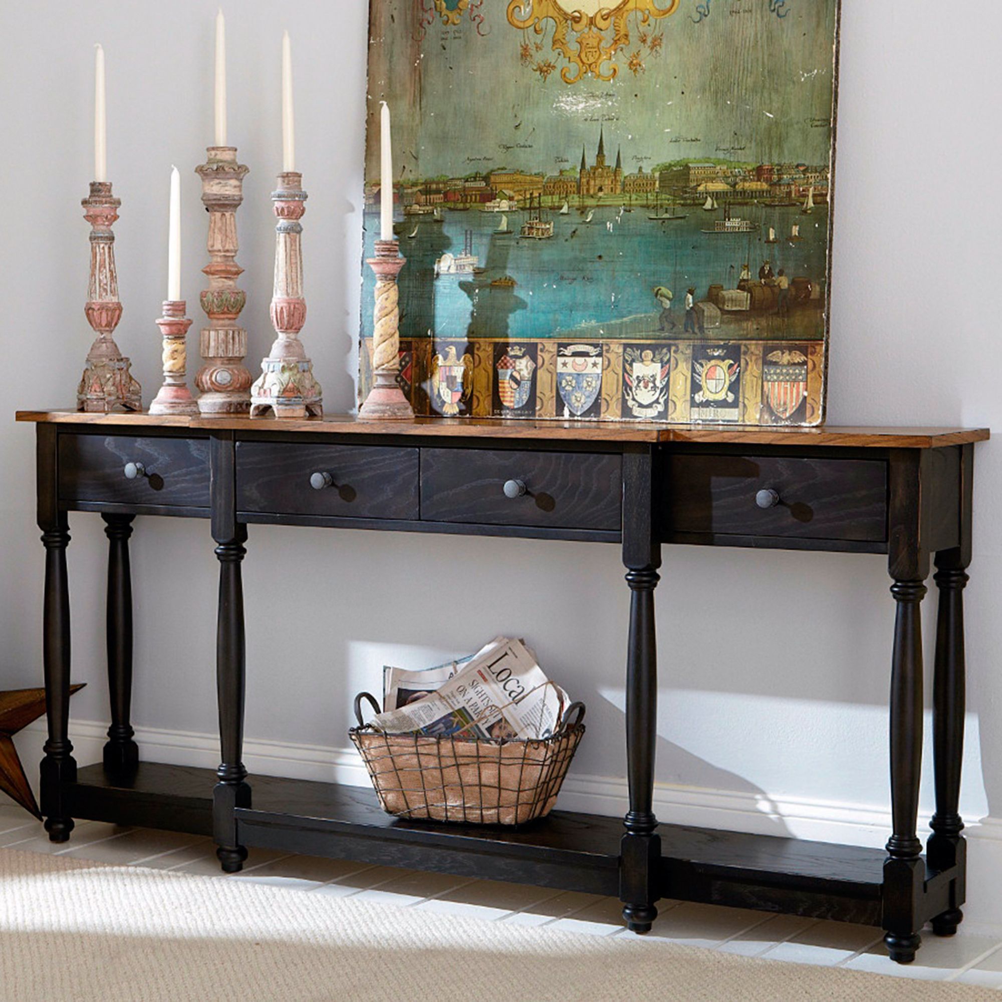 Console table with on sale hidden chairs