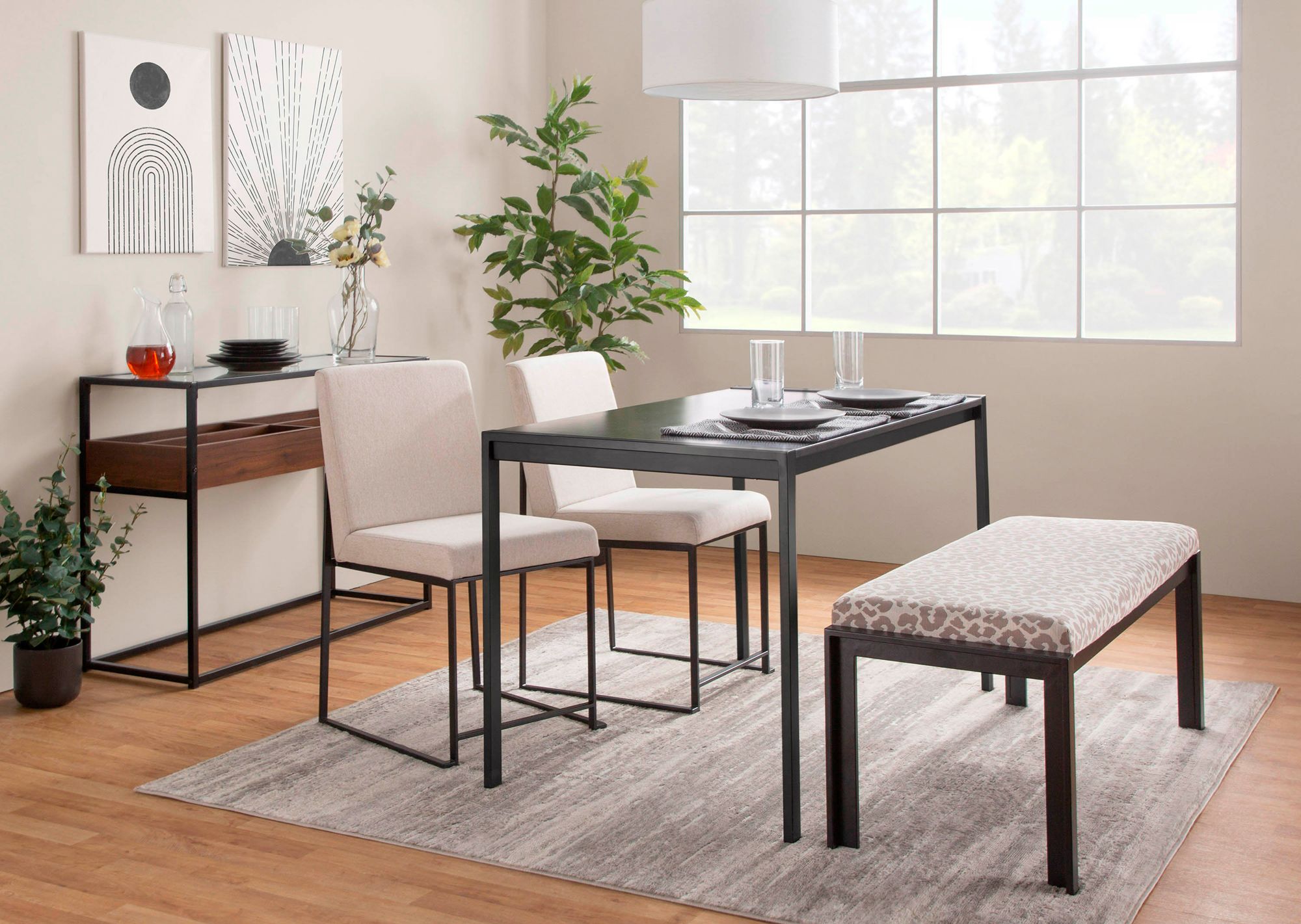 High Back Fuji Dining Chair Black Steel Beige Fabric by LumiSource Pair