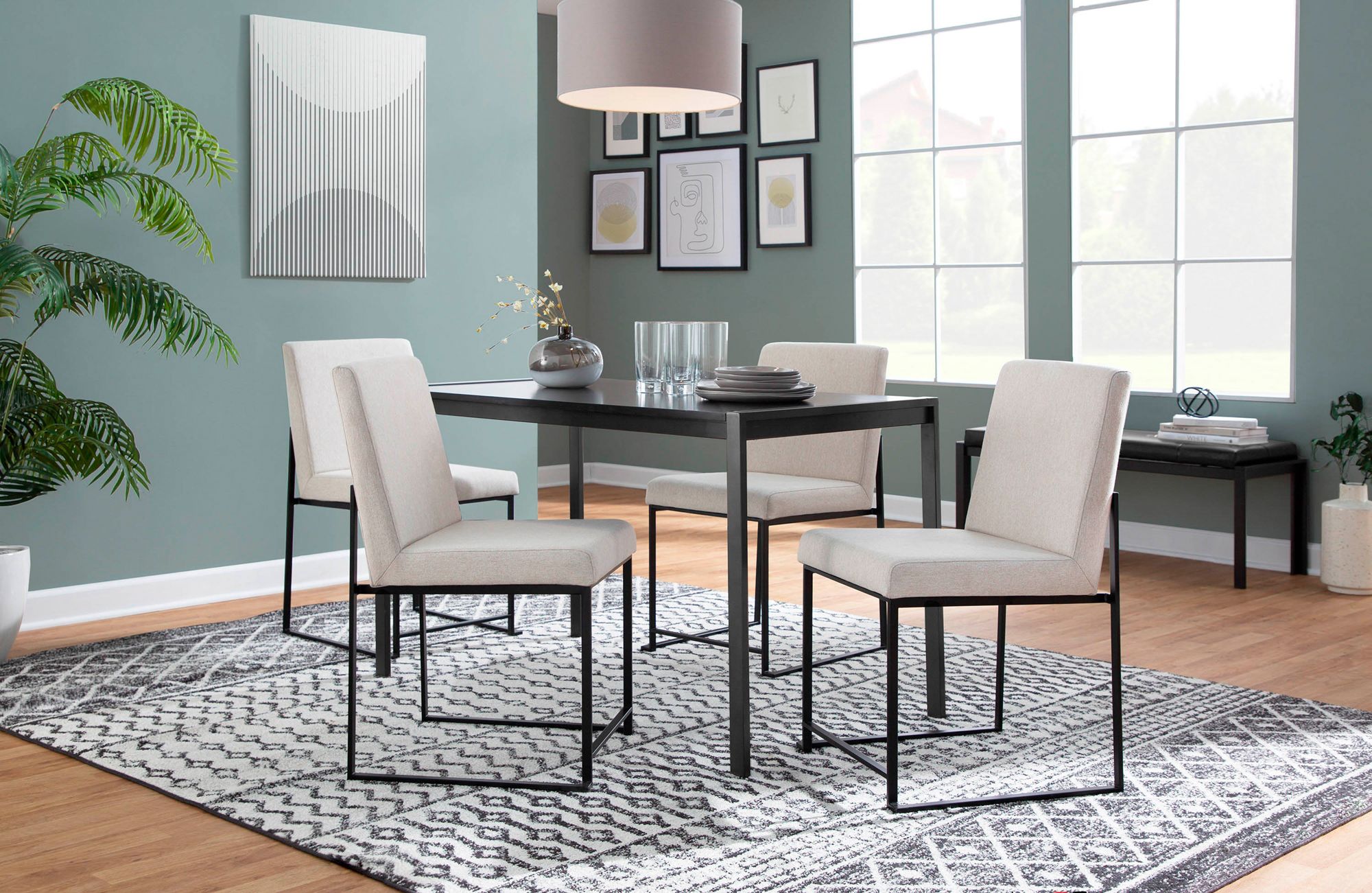 High Back Fuji Dining Chair Black Steel Beige Fabric by LumiSource Pair