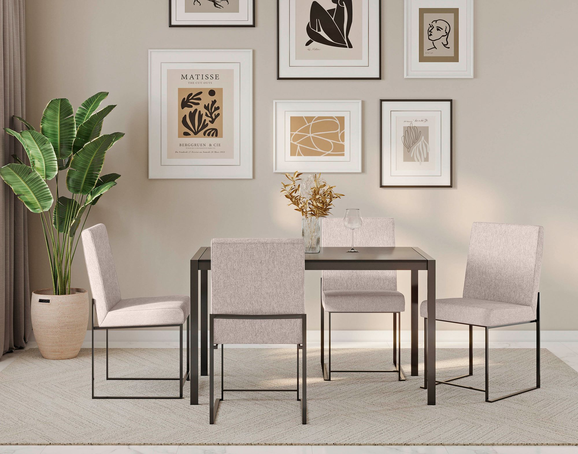 High Back Fuji Dining Chair Black Steel Beige Fabric by LumiSource Pair