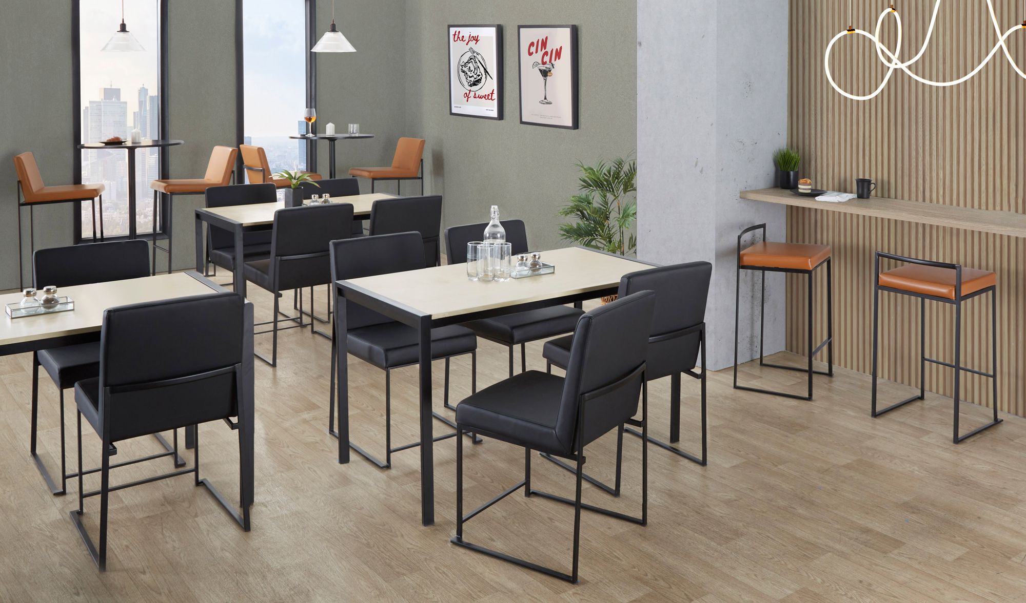 High Back Fuji Dining Chair in Black Steel and Black PU by LumiSource Pair