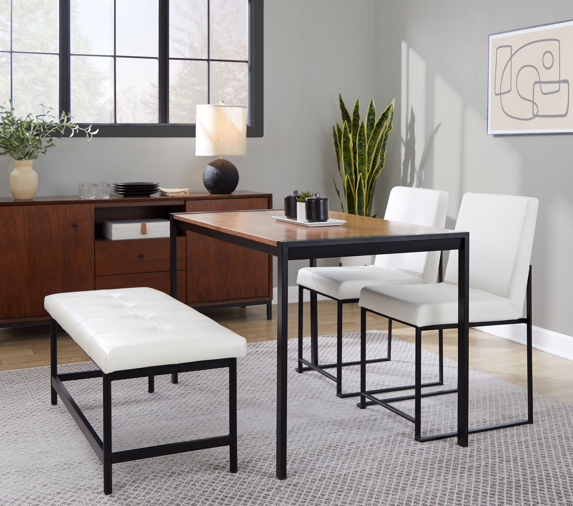 High Back Fuji Dining Chair in Black Steel and White PU by LumiSource Pair