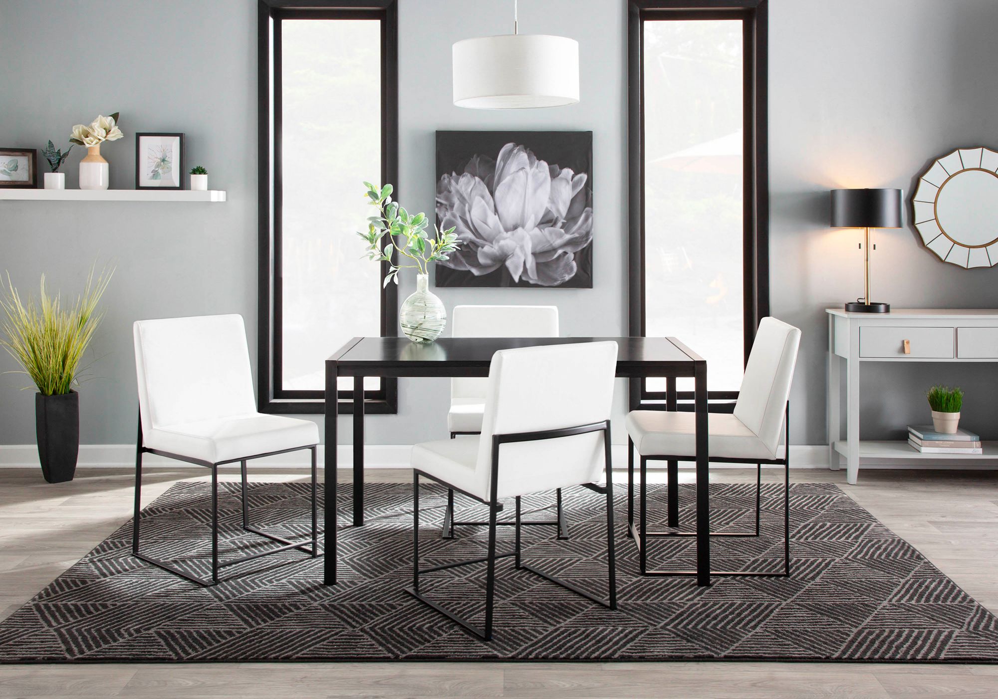 High Back Fuji Dining Chair in Black Steel and White PU by LumiSource Pair