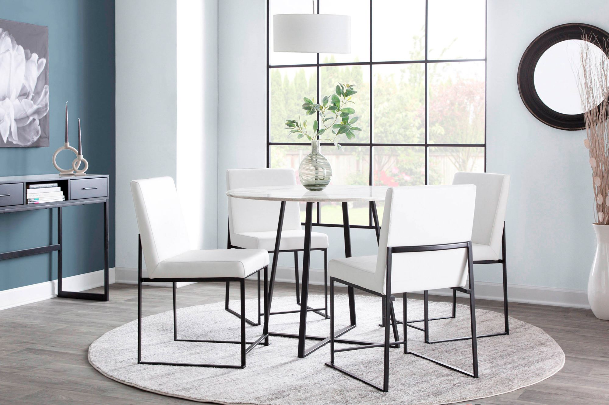 High Back Fuji Dining Chair in Black Steel and White PU by LumiSource Pair