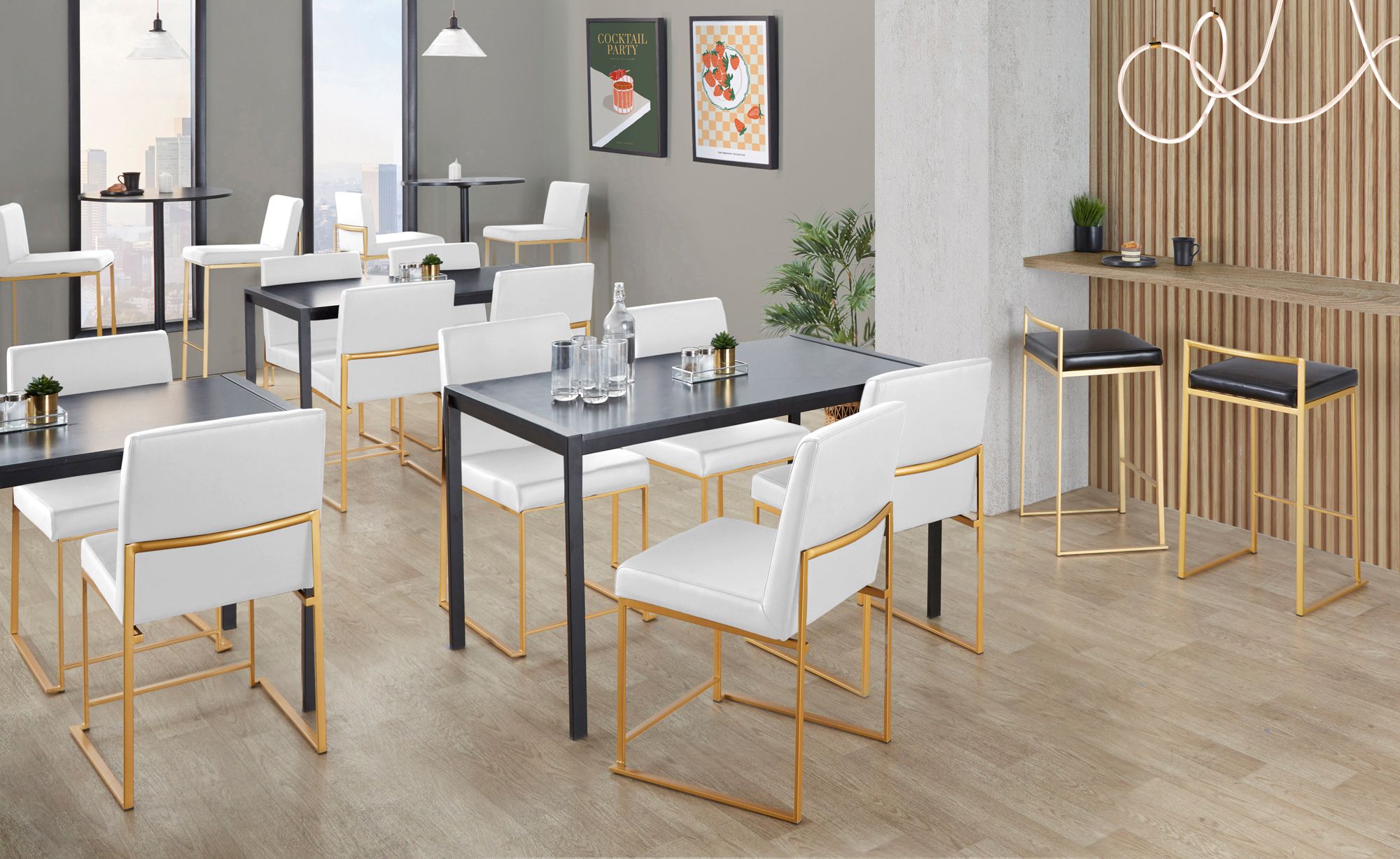 High Back Fuji Dining Chair in Gold and White PU by LumiSource Pair