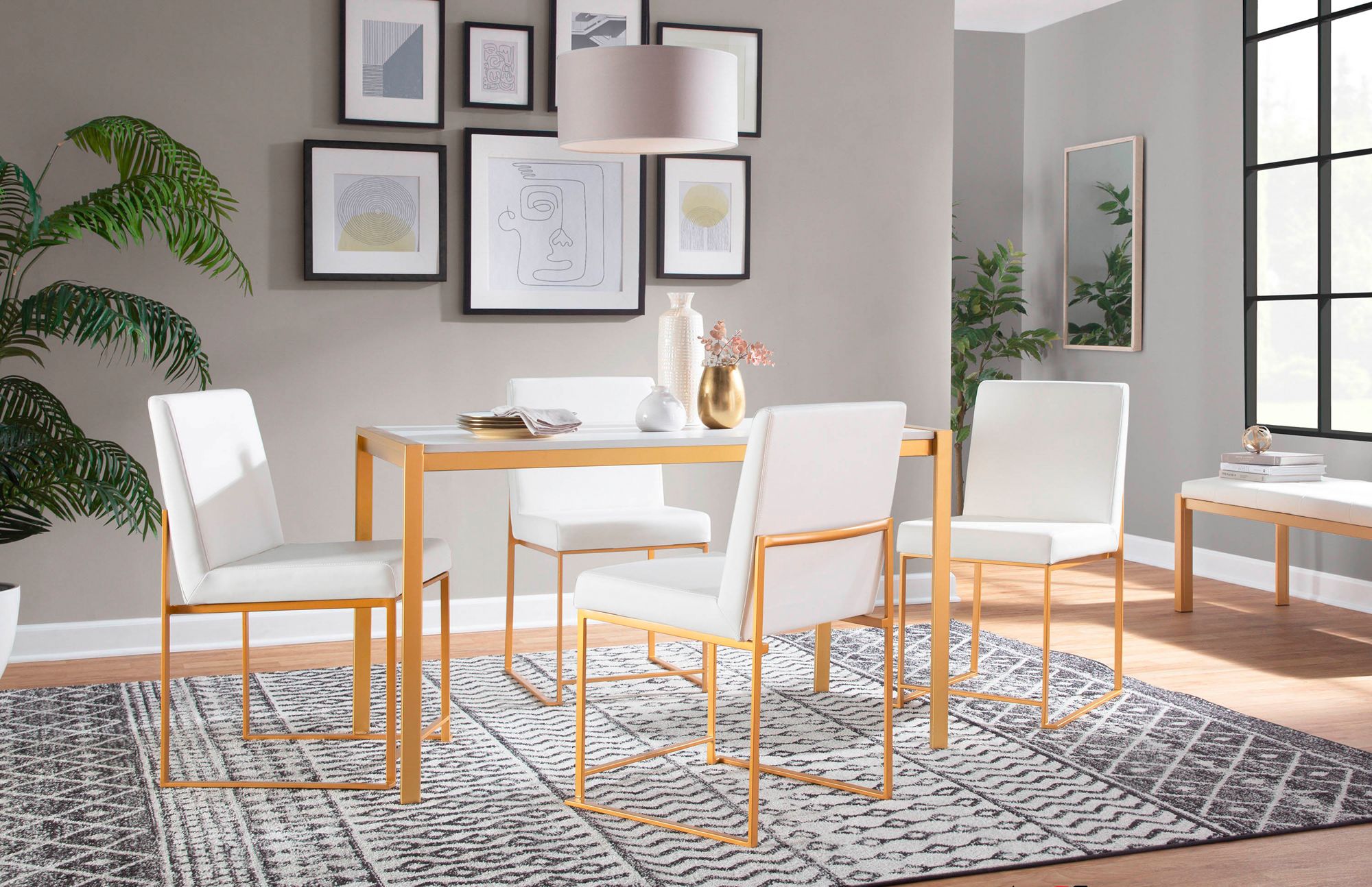 High Back Fuji Dining Chair in Gold and White PU by LumiSource Pair