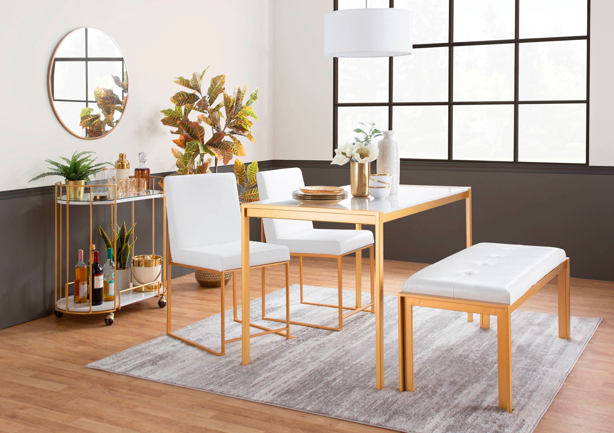 High Back Fuji Dining Chair in Gold and White PU by LumiSource Pair