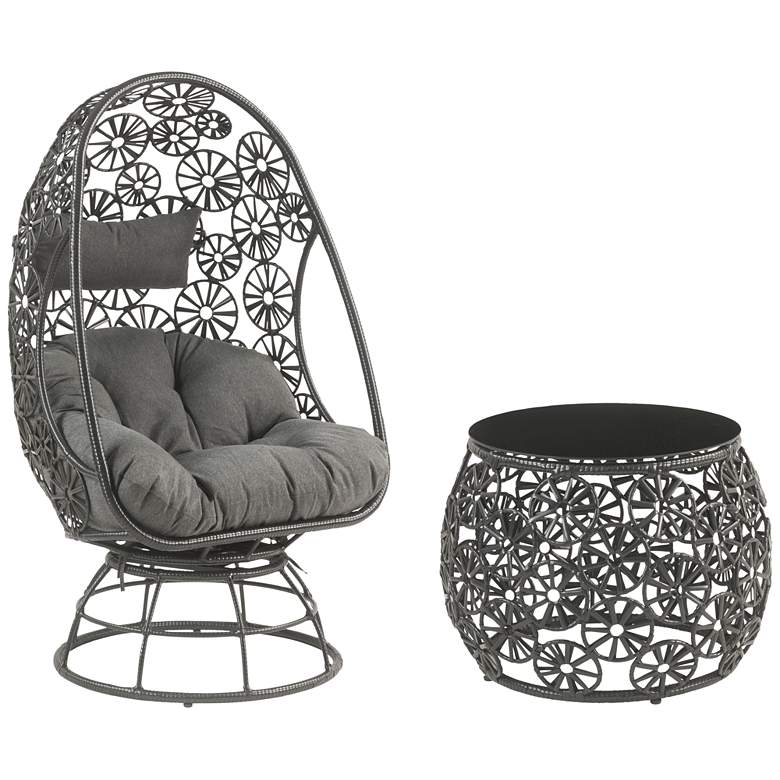 Hikre Charcoal Fabric and Black Wicker Teardrop Patio Chair and Side Table
