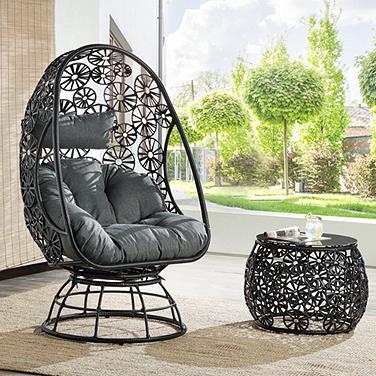Hikre Charcoal Fabric and Black Wicker Teardrop Patio Chair and Side Table
