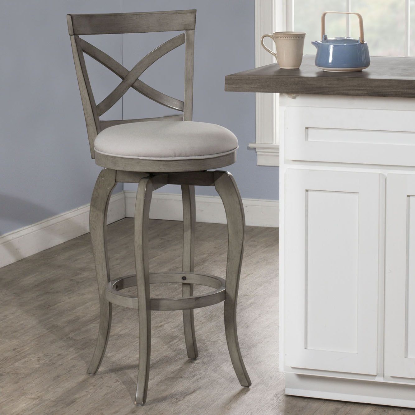 Gray wooden bar outlet stools