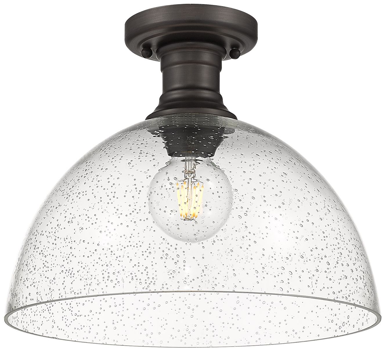 Thumbnail1 of Hines 13 1/2" Wide 1-Light Semi-Flush in Rubbed Bronze with Seeded Gla