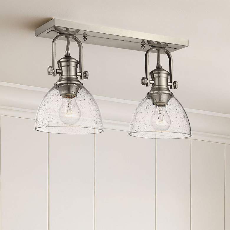 Image 1 Hines 17 7/8" Wide Pewter 2-Light Semi-Flush With Seeded Glass
