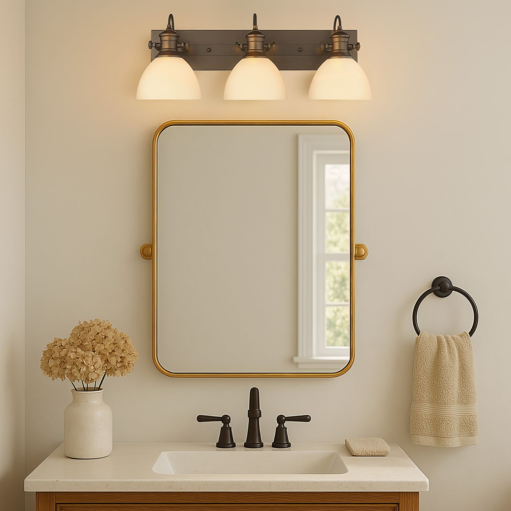 Image 4 Hines 25 1/8" Wide 3-Light Vanity Light in Rubbed Bronze with Opal more views