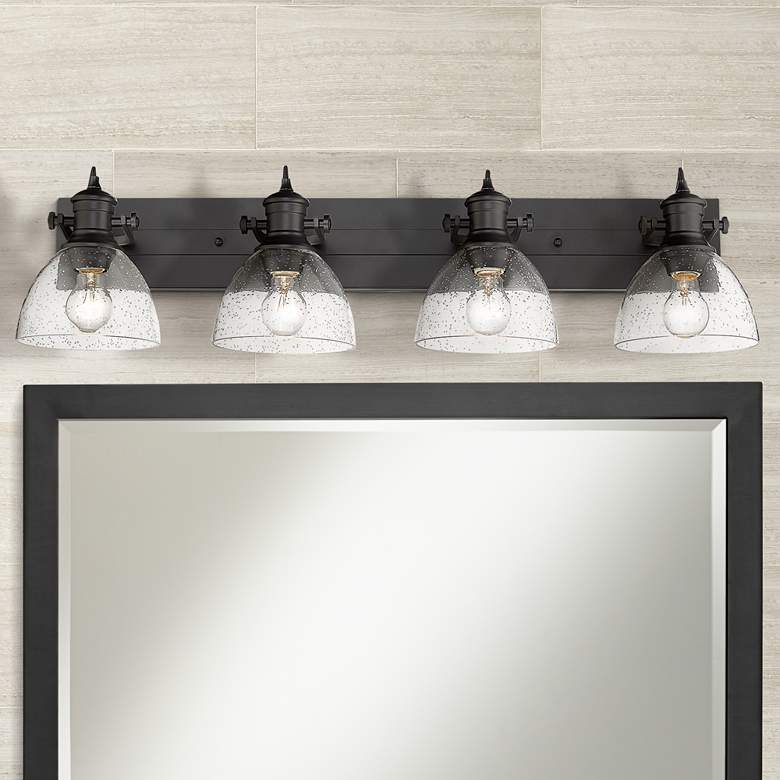 Image 1 Hines 34 1/2 inch Wide 4-Light Matte Black and Seeded Glass Bath Light