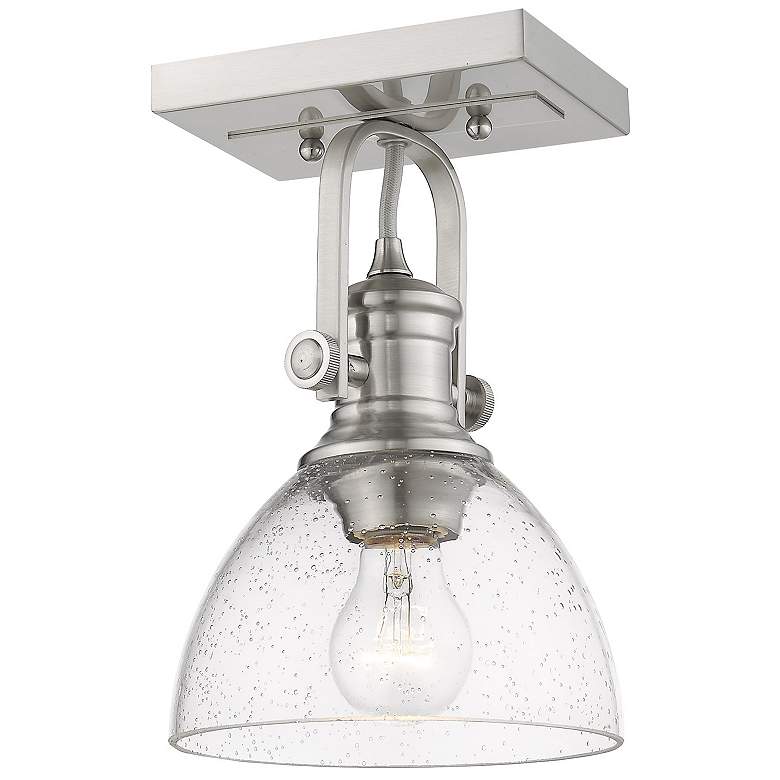 Image 1 Hines 6 7/8" Wide Pewter 1-Light Semi-Flush With Seeded Glass