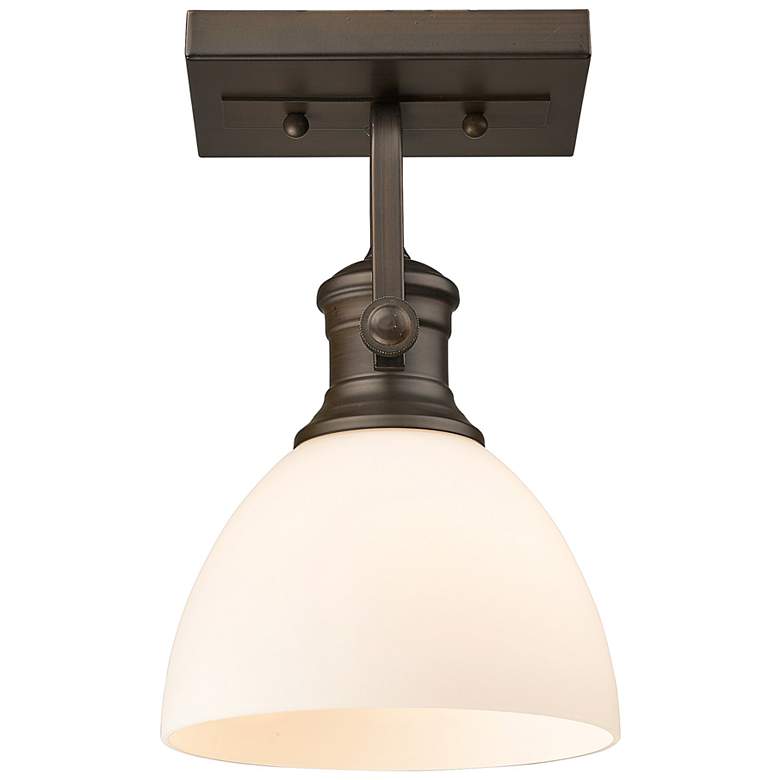 Image 1 Hines 6 7/8 inch Wide Rubbed Bronze 1-Light Semi-Flush With Opal Glass