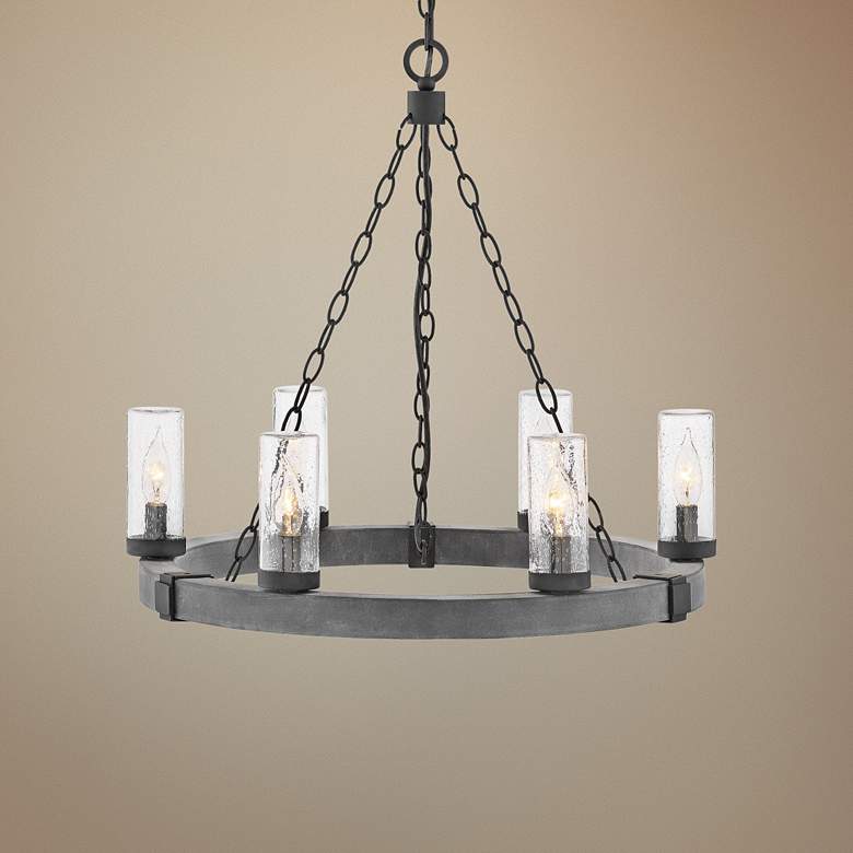Image 1 Hinkley Sawyer 24" Wide Aged Zinc Wagon Wheel Outdoor Chandelier