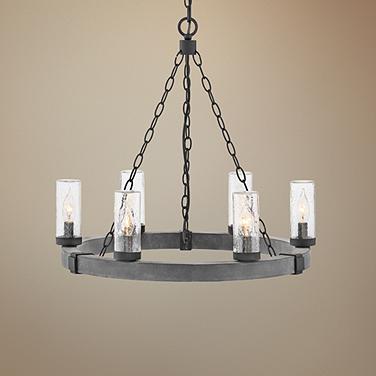 Hinkley Sawyer 24" Wide Aged Zinc Wagon Wheel Outdoor Chandelier