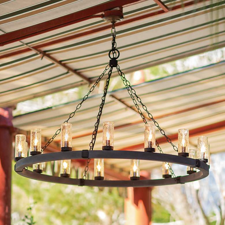 Image 1 Hinkley Sawyer 38" Wide 12-Light Aged Zinc LED Outdoor Ring Chandelier