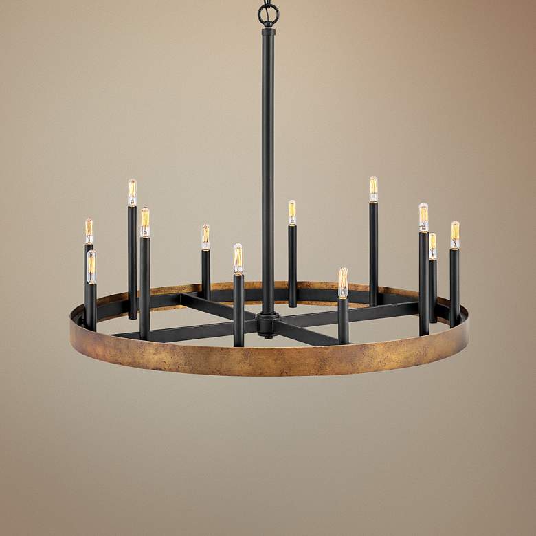 Image 1 Hinkley Wells 35 3/4" Brass 12-Light Modern Wagon Wheel Chandelier