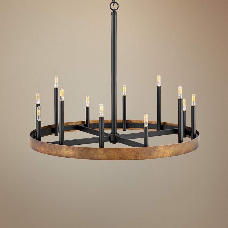 Image 1 Hinkley Wells 35 3/4 inch Brass 12-Light Modern Wagon Wheel Chandelier