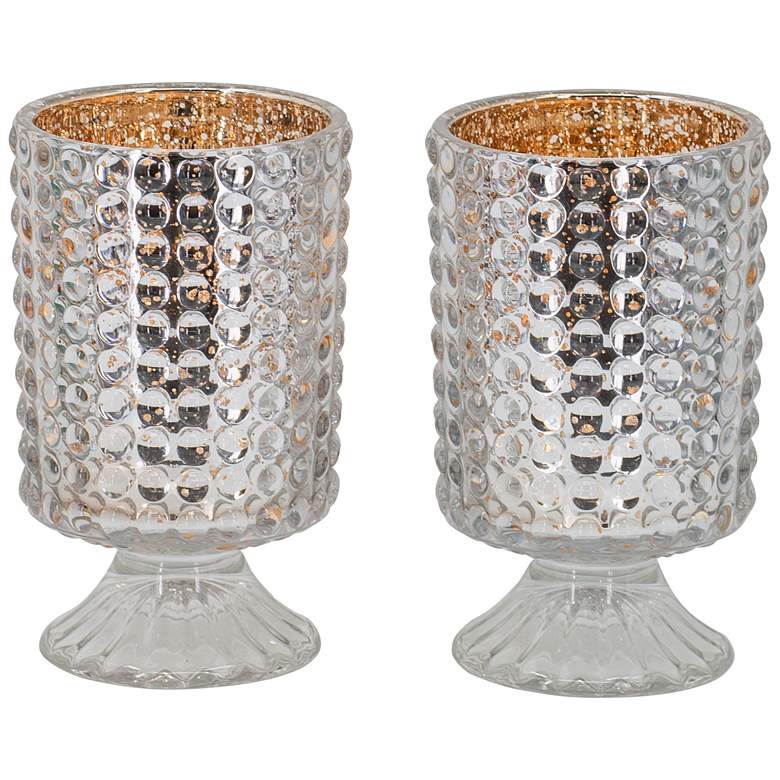 Image 1 Hobnail 7 inch Clear and Rose Gold Glass Hurricane Candle Holder - Set of 