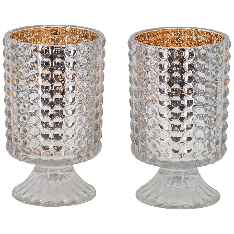 Image 1 Hobnail 7" Clear and Rose Gold Glass Hurricane Candle Holder - Set of