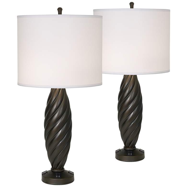 Image 1 Hoffman Bronze Table Lamp Set of 2 With Built In USB and 3-Prong Outlets