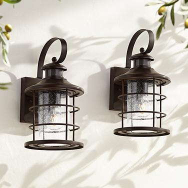 Hogan 14" High Bronze Motion Sensor Outdoor Wall Light Set of 2