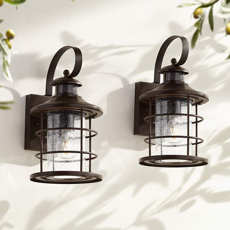 Image 1 Hogan 14" High Bronze Motion Sensor Outdoor Wall Light Set of 2