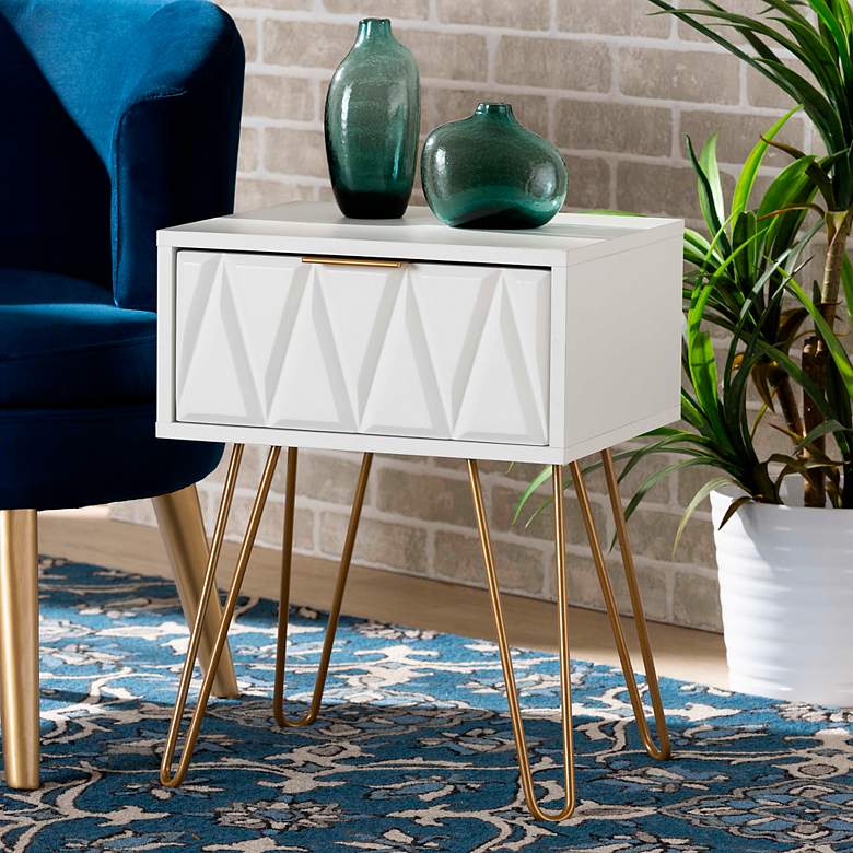Image 1 Holbrook 16 1/2"W White Wood Gold Metal 1-Drawer End Table