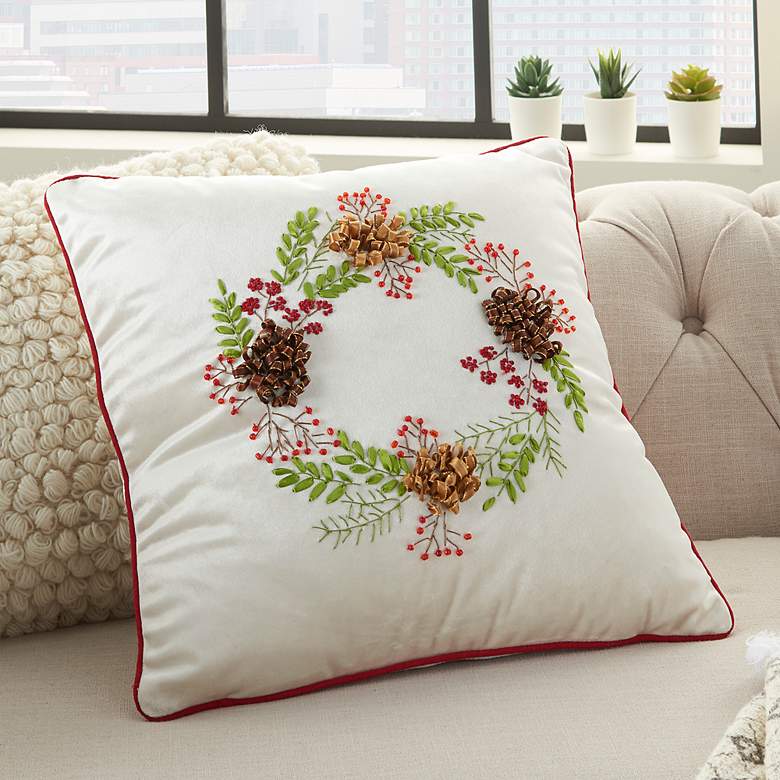 Image 1 Holiday Beige Ribbon Emb Pincones 16" Square Throw Pillow