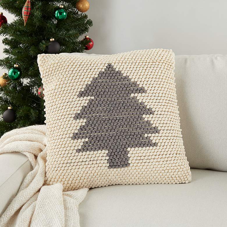 Image 1 Holiday Gray Ivory Xmas Tree Loops 20" Square Throw Pillow