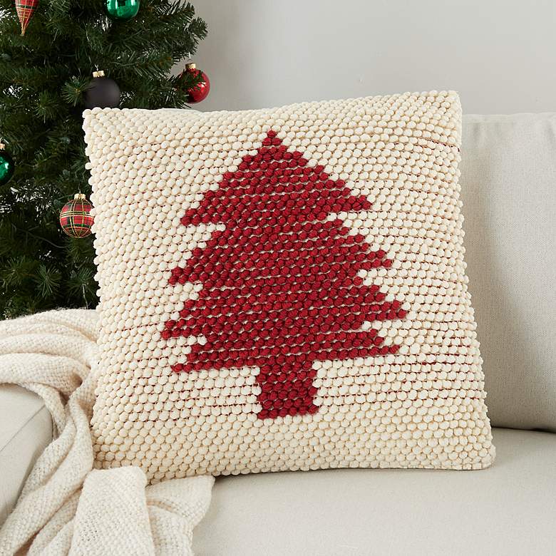 Image 1 Holiday Ivory Red Xmas Tree Loops 20 inch Square Throw Pillow