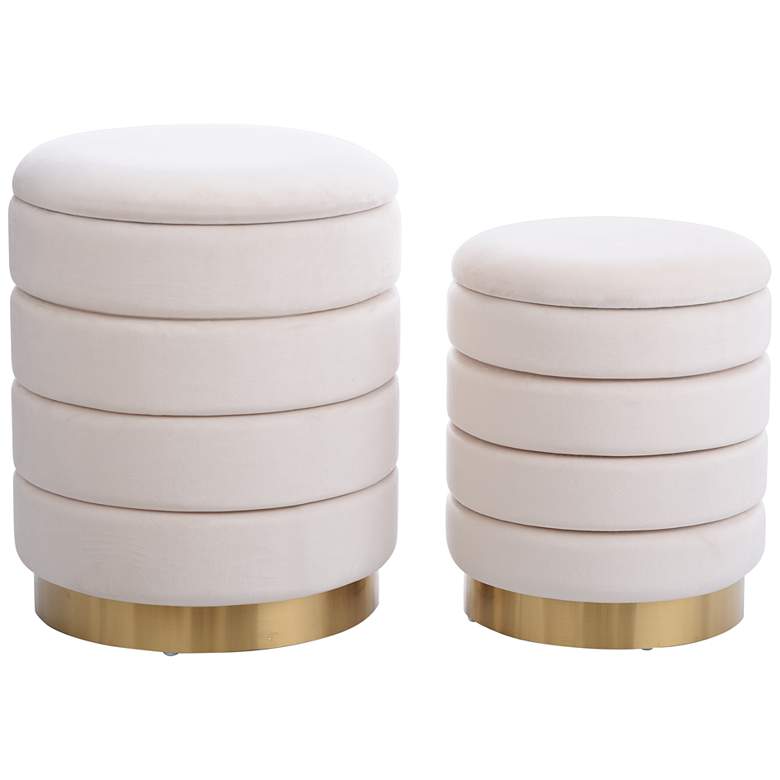 Image 1 Hollace Round Beige and Cream Velvet Ottomans Set of 2