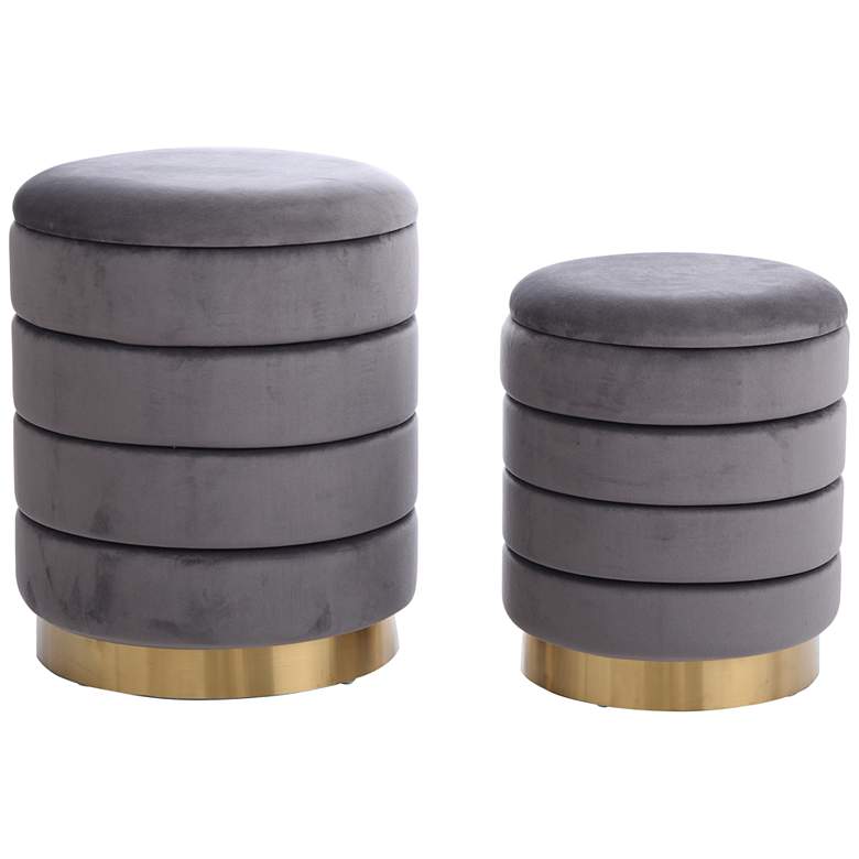 Image 1 Hollace Round Charcoal Gray Velvet Ottomans Set of 2