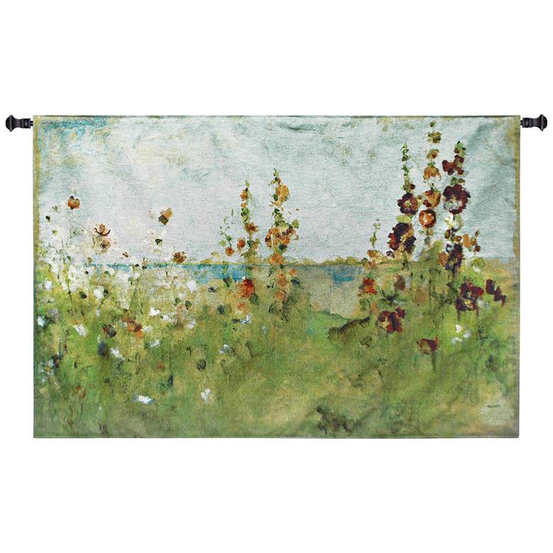 Image 1 Hollyhocks by the Sea 52 inchW Coastal Textile Wall Tapestry