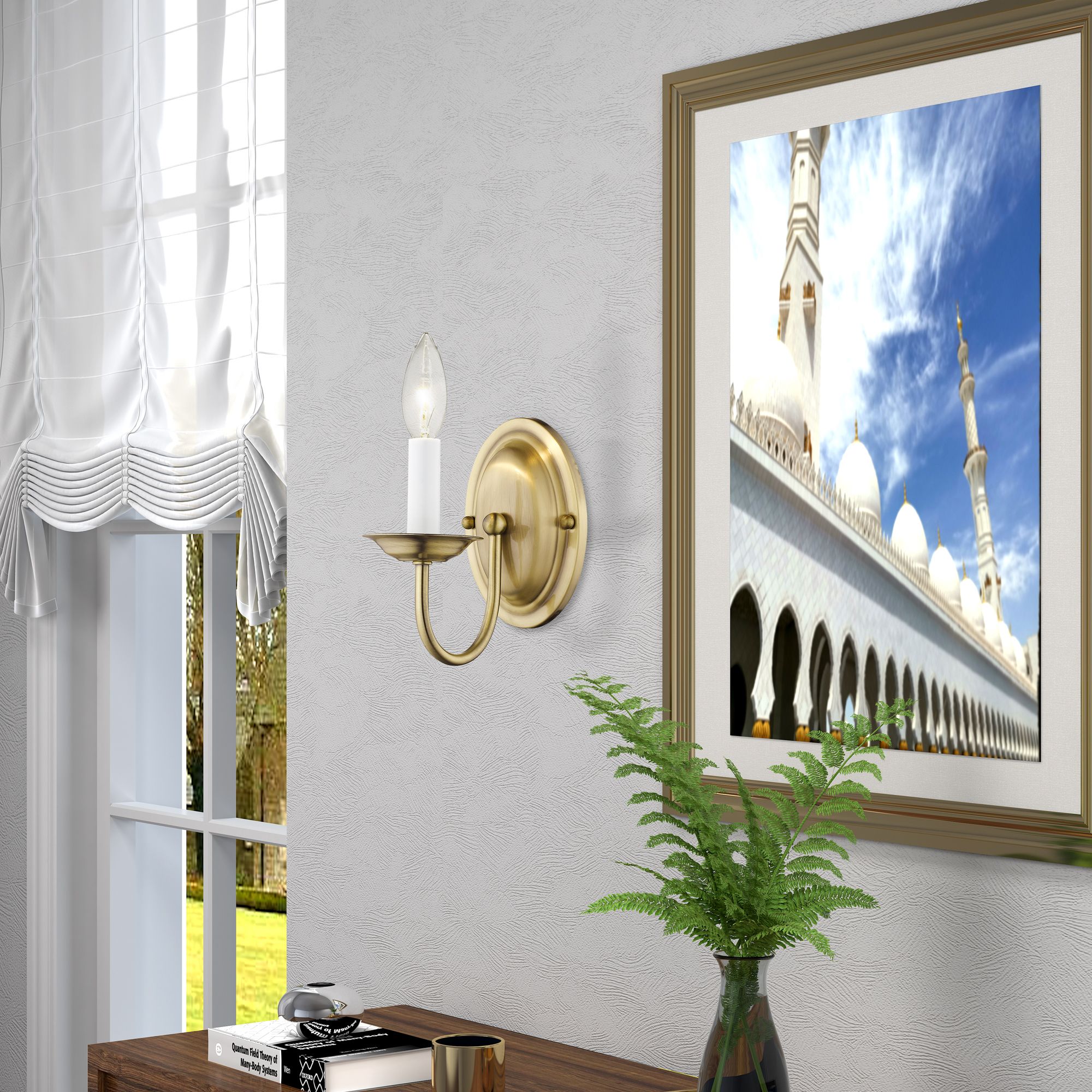 Home Basics 1 Light Antique Brass Arm Wall Sconce