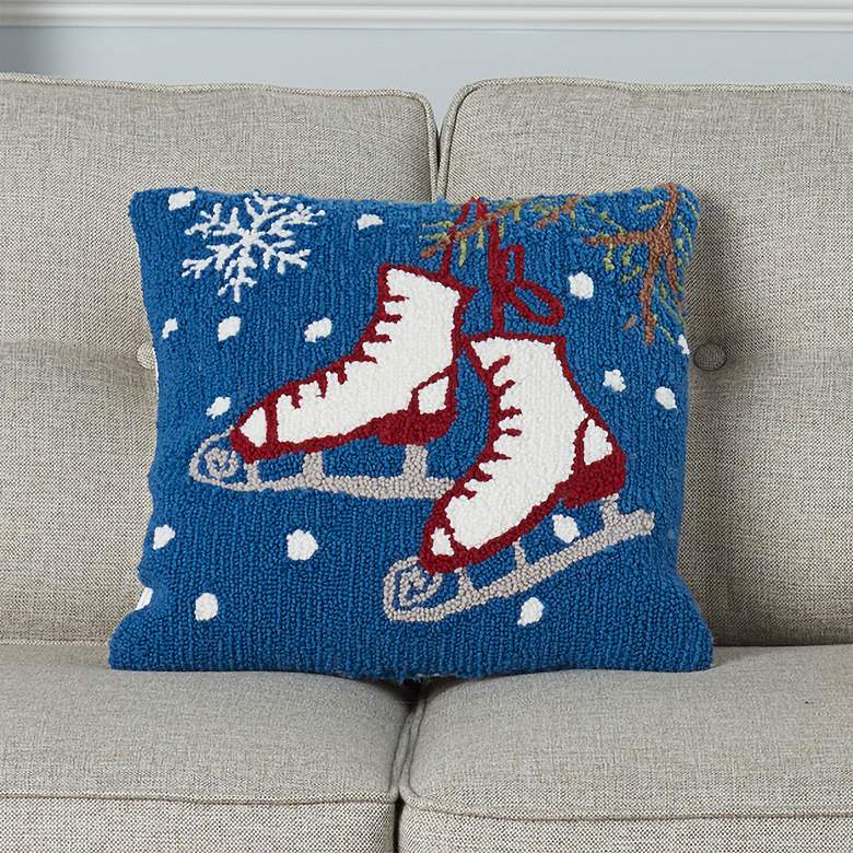 Home for The Holiday Blue Red Ice Skates 18&quot; Square Pillow