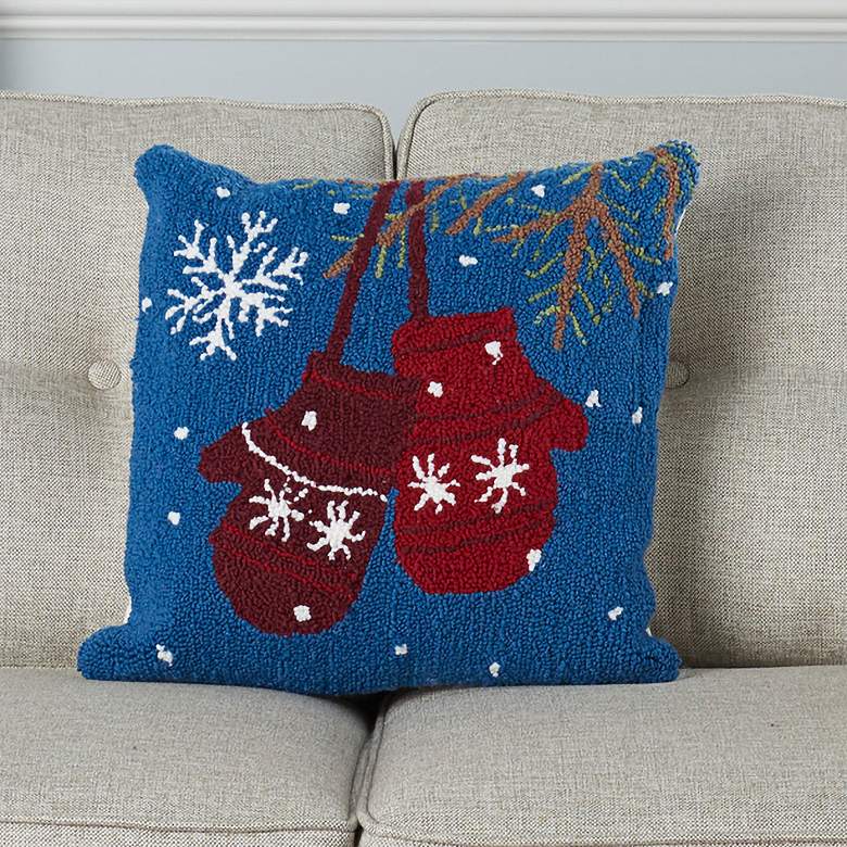 Home for The Holiday Blue Red Mittens 18&quot; Square Pillow