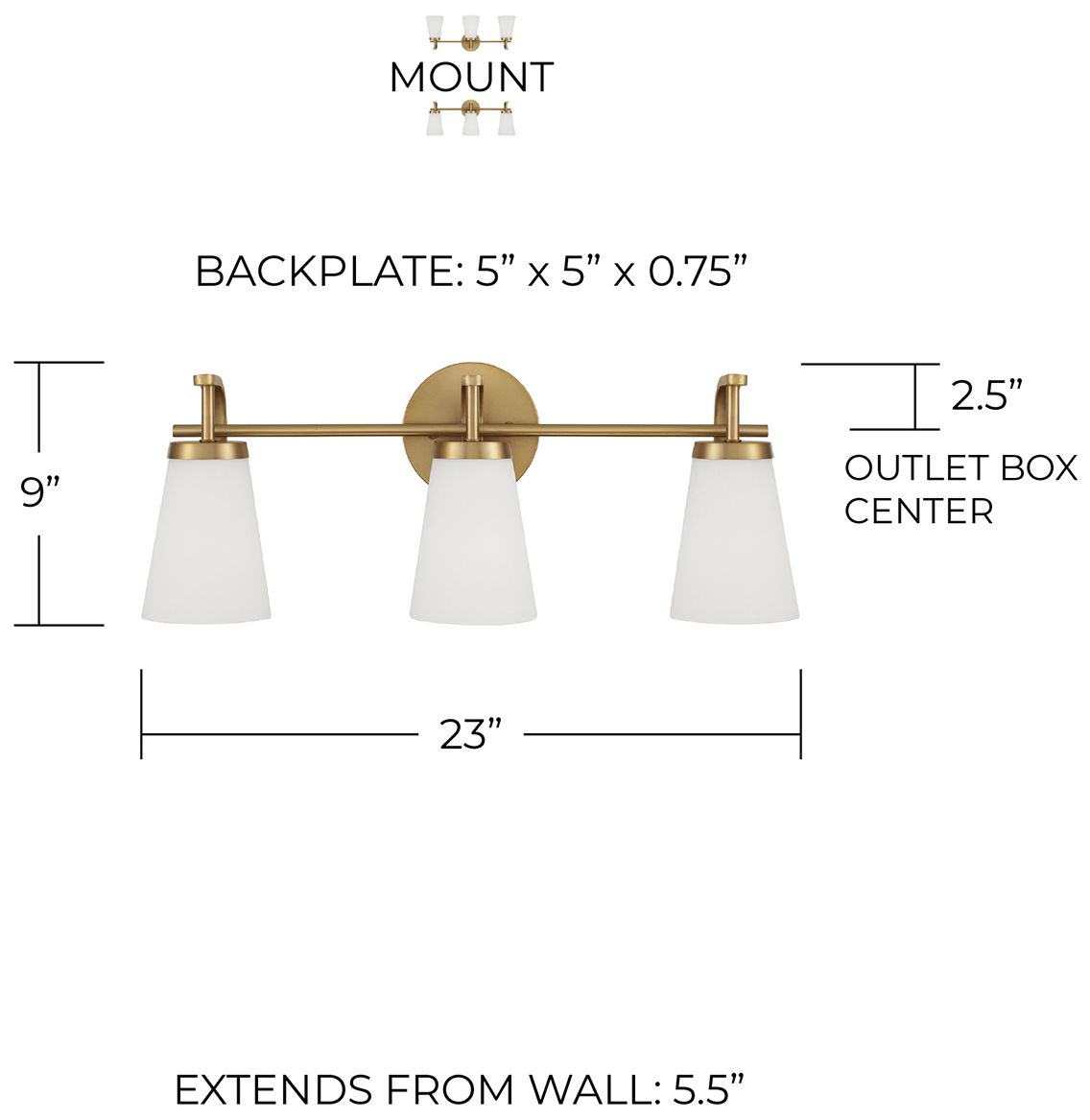 HomePlace Lighting Drake 3 Light Vanity 23" Aged Brass