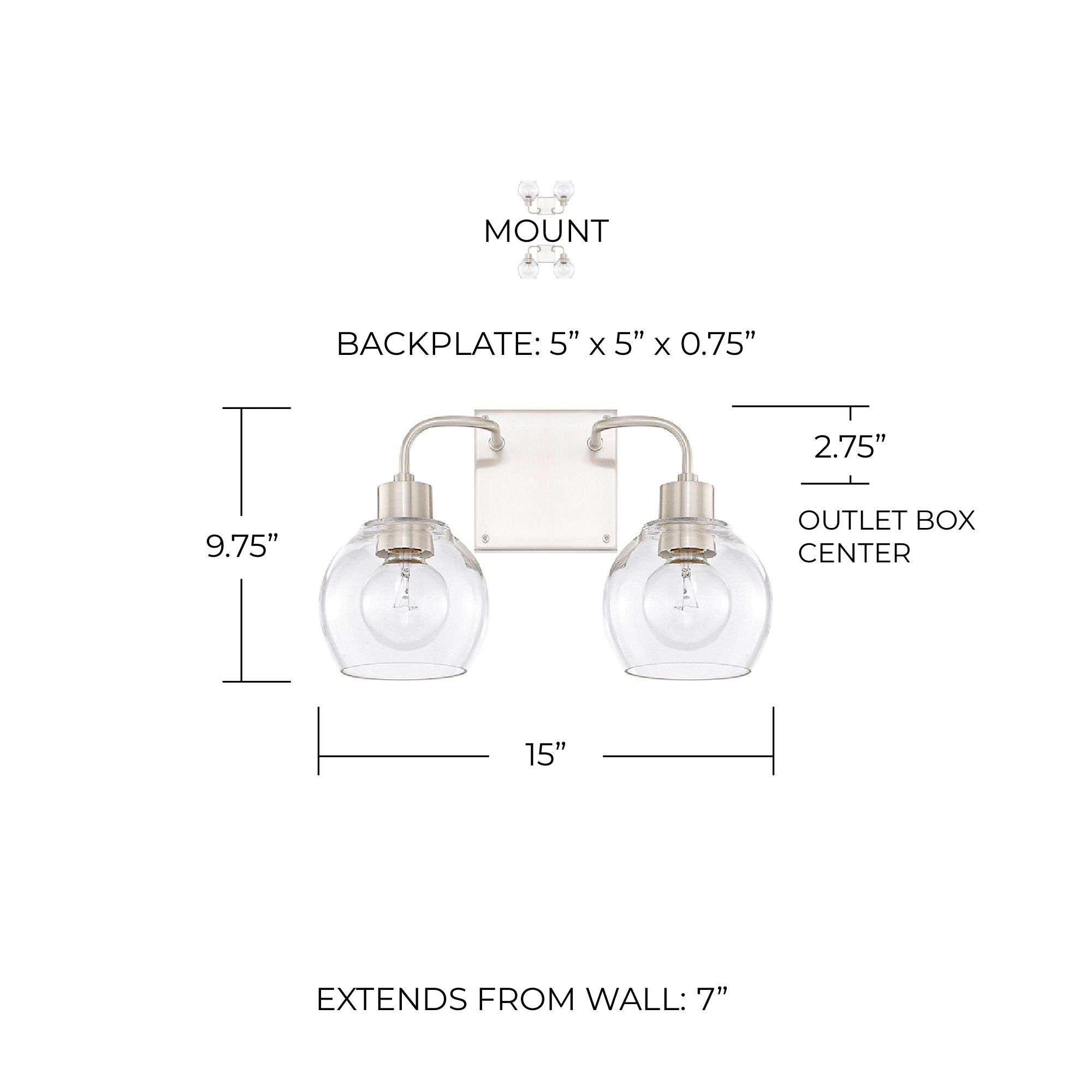 Image 2 HomePlace Lighting Tanner 2 Light Vanity 15" Brushed Nickel more views